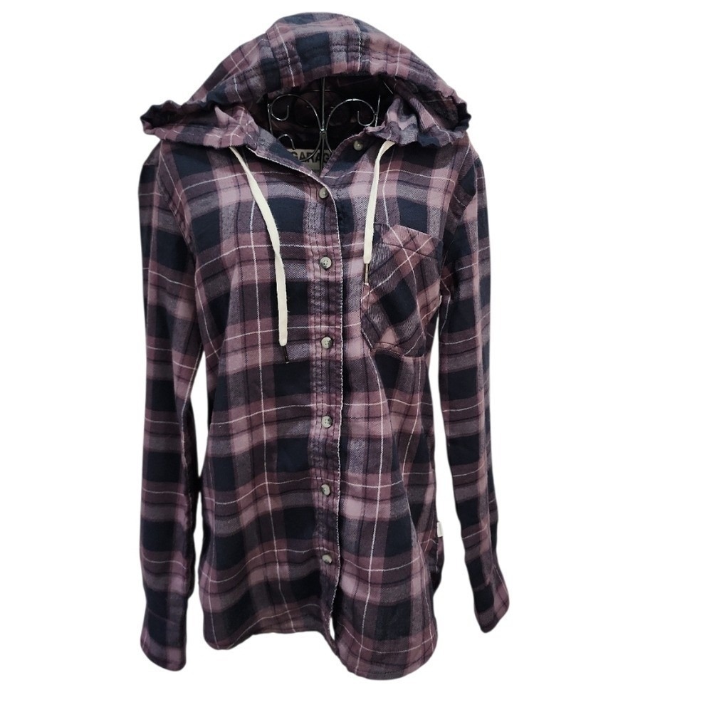 Garage Hooded Flannel Shirt Womens XS Purple Plaid Boyfriend Fit Grunge Cozy